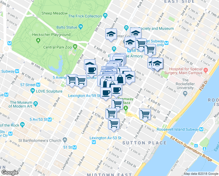 map of restaurants, bars, coffee shops, grocery stores, and more near in New York