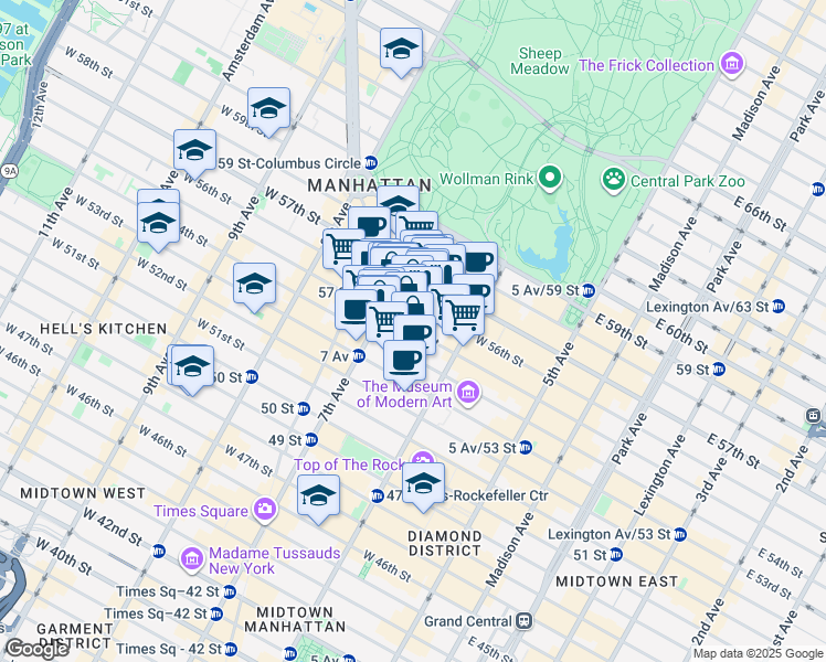 map of restaurants, bars, coffee shops, grocery stores, and more near 877 7th Avenue in New York