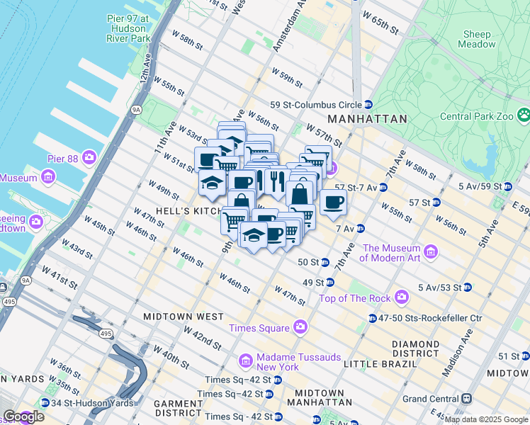 map of restaurants, bars, coffee shops, grocery stores, and more near 360 West 52nd Street in New York