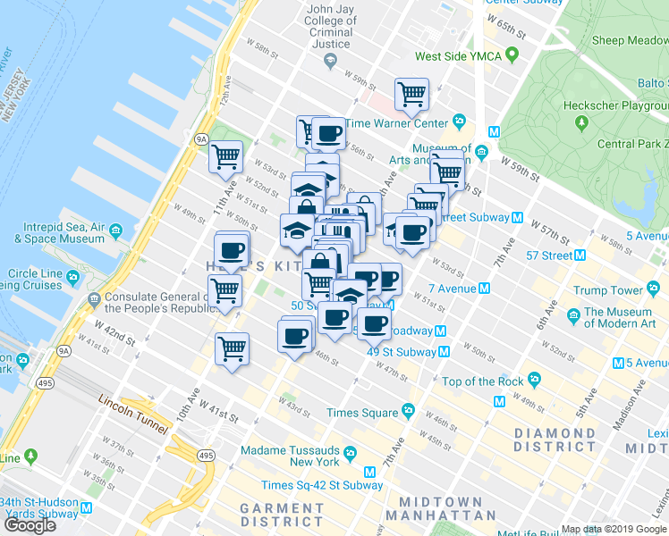map of restaurants, bars, coffee shops, grocery stores, and more near in New York