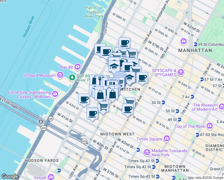map of restaurants, bars, coffee shops, grocery stores, and more near 515 West 48th Street in New York