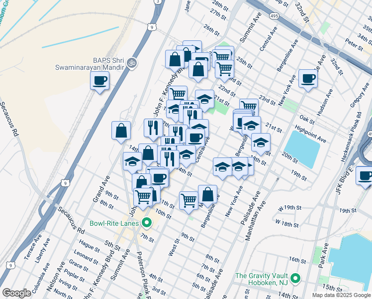 map of restaurants, bars, coffee shops, grocery stores, and more near 1601 Summit Avenue in Union City