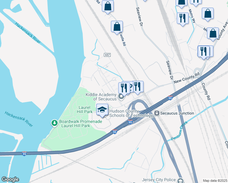 map of restaurants, bars, coffee shops, grocery stores, and more near 5366 Riverside Station Boulevard in Secaucus