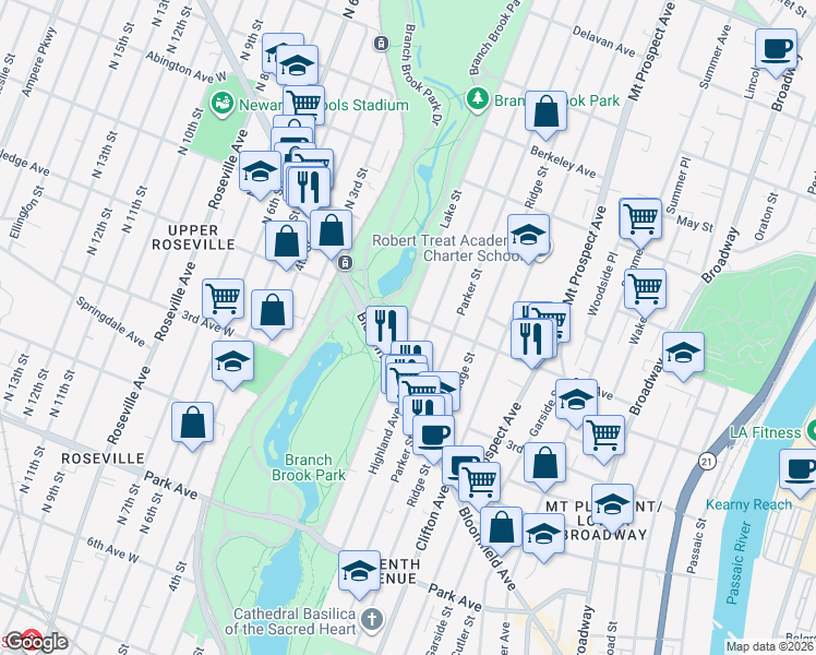 map of restaurants, bars, coffee shops, grocery stores, and more near 222-224 Highland Avenue in Newark