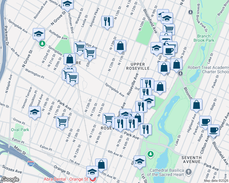 map of restaurants, bars, coffee shops, grocery stores, and more near 244 North 9th Street in Newark