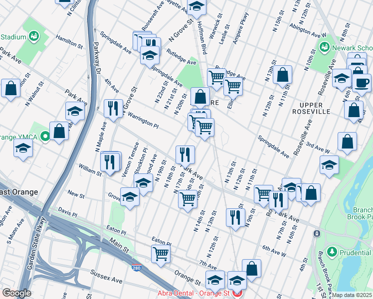 map of restaurants, bars, coffee shops, grocery stores, and more near 174 North 18th Street in East Orange