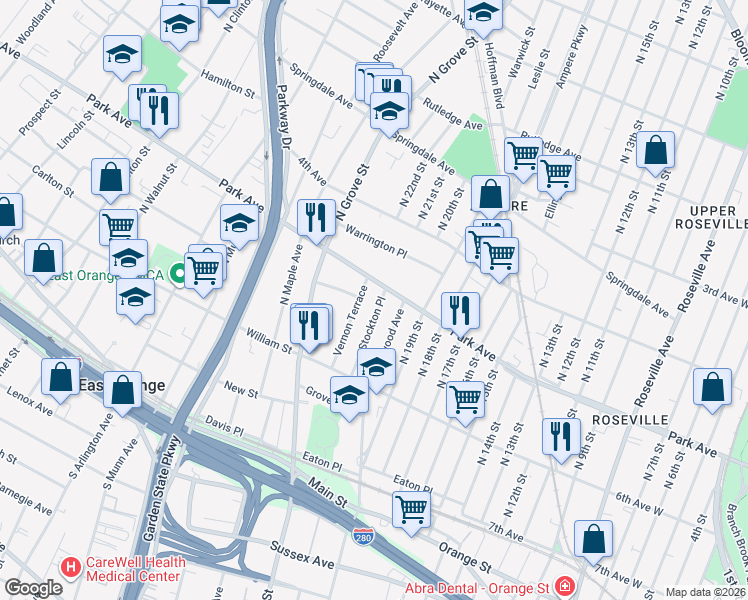 map of restaurants, bars, coffee shops, grocery stores, and more near 80 Vernon Terrace in East Orange