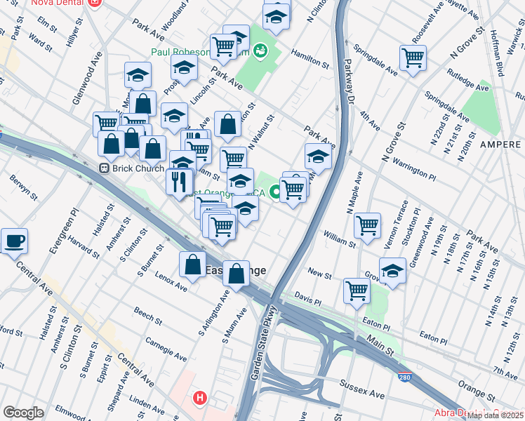 map of restaurants, bars, coffee shops, grocery stores, and more near 351 William Street in East Orange