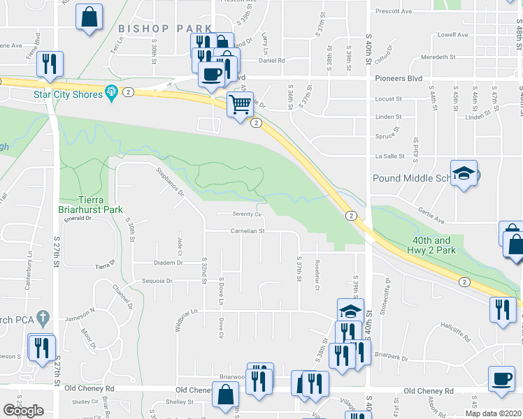 map of restaurants, bars, coffee shops, grocery stores, and more near 3310 Serenity Circle in Lincoln