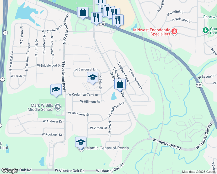 map of restaurants, bars, coffee shops, grocery stores, and more near 3921 West Creighton Terrace in Peoria