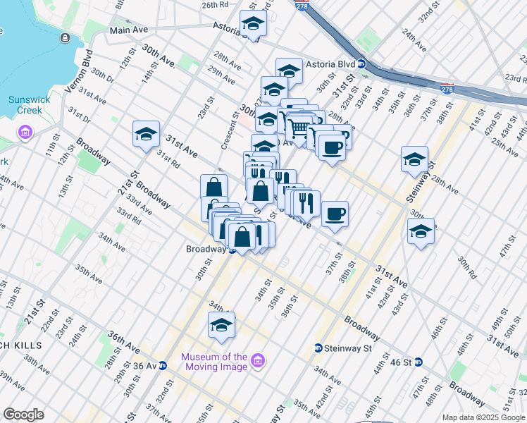 map of restaurants, bars, coffee shops, grocery stores, and more near in Queens