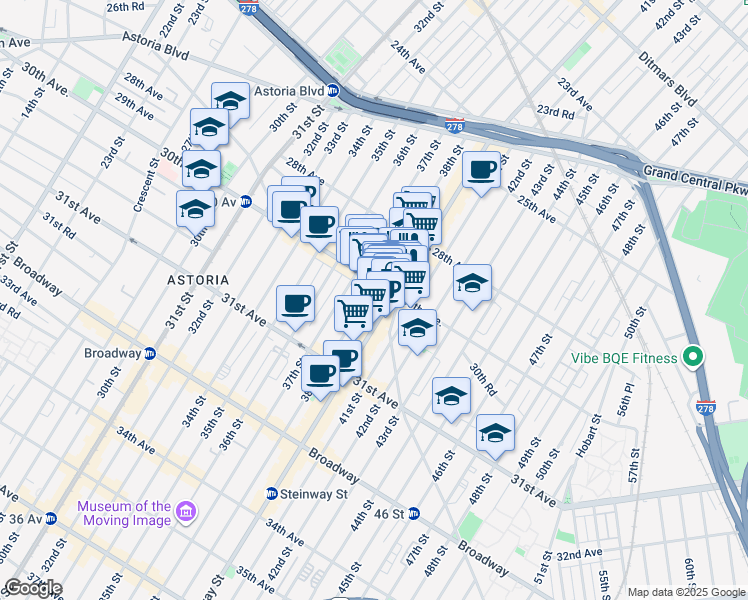 map of restaurants, bars, coffee shops, grocery stores, and more near 30-15 38th Street in Queens
