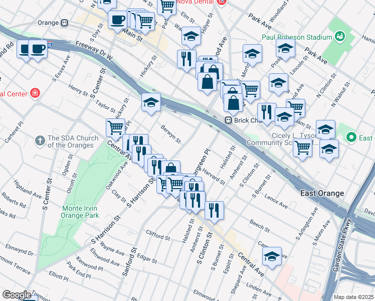 map of restaurants, bars, coffee shops, grocery stores, and more near 120 South Harrison Street in East Orange