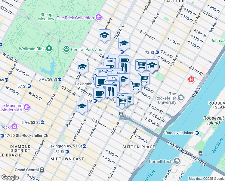 map of restaurants, bars, coffee shops, grocery stores, and more near in New York