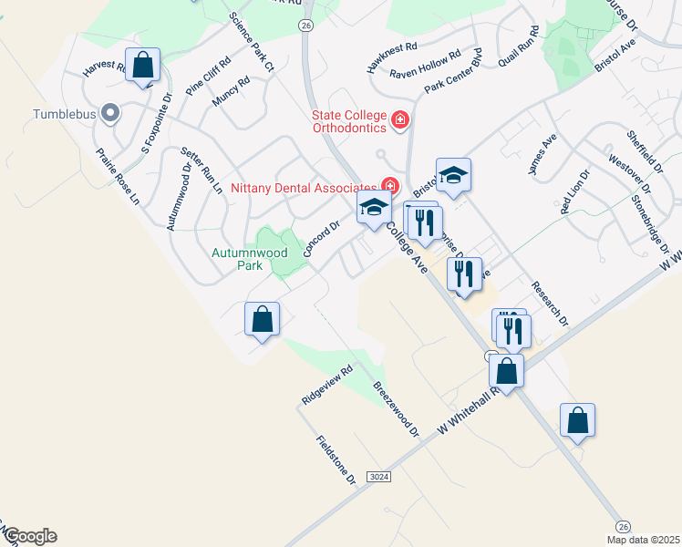 map of restaurants, bars, coffee shops, grocery stores, and more near 114 Gala Drive in State College