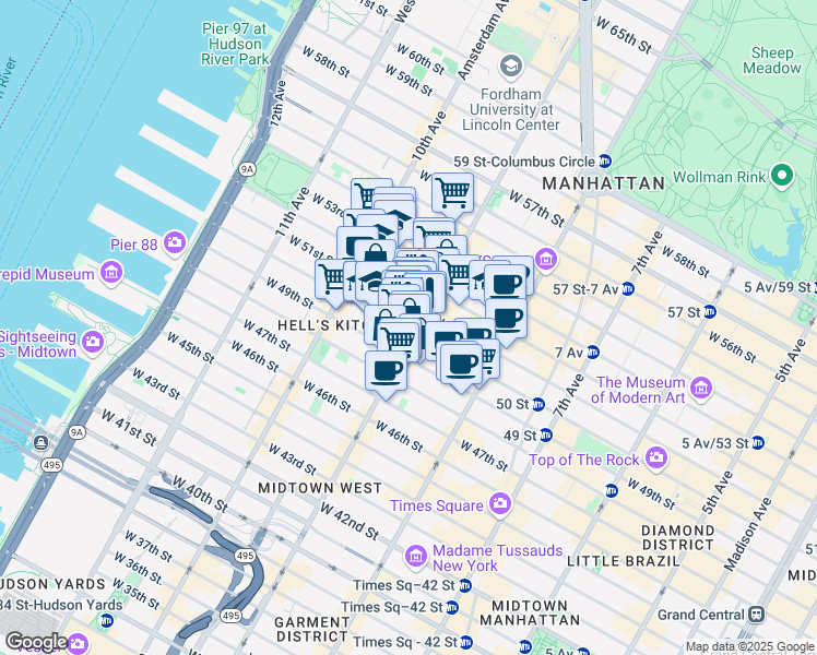 map of restaurants, bars, coffee shops, grocery stores, and more near 401 West 50th Street in New York