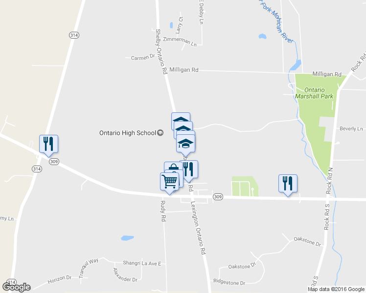 map of restaurants, bars, coffee shops, grocery stores, and more near 426 Shelby-Ontario Road in Mansfield