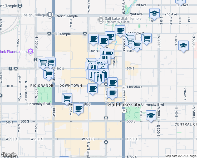 map of restaurants, bars, coffee shops, grocery stores, and more near 48 West 300 South in Salt Lake City