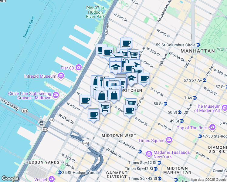 map of restaurants, bars, coffee shops, grocery stores, and more near 515 West 48th Street in New York