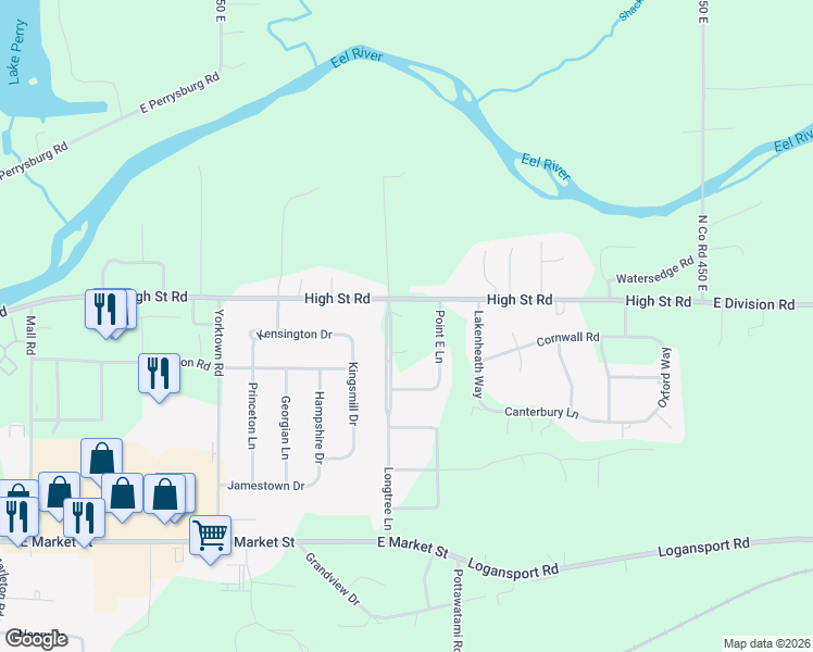 map of restaurants, bars, coffee shops, grocery stores, and more near 508 Longtree Lane in Logansport