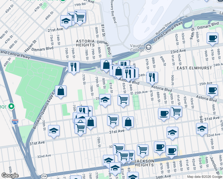 map of restaurants, bars, coffee shops, grocery stores, and more near 24-24 80th Street in Queens