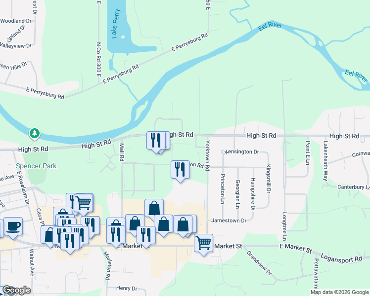 map of restaurants, bars, coffee shops, grocery stores, and more near 3900 Lexington Road in Logansport