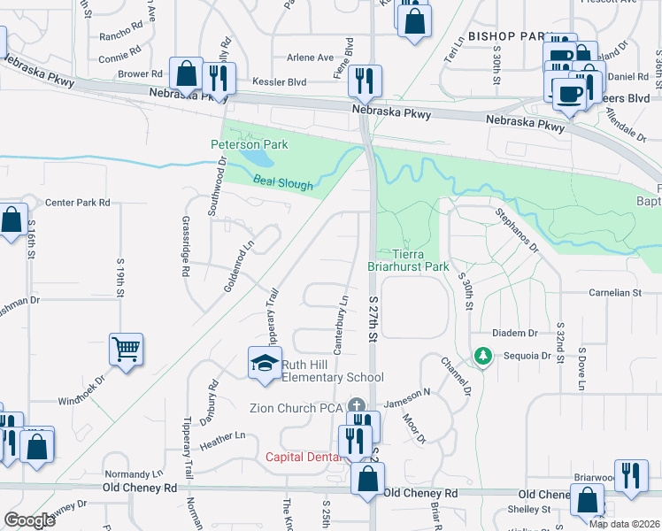 map of restaurants, bars, coffee shops, grocery stores, and more near 2530 County Down Court in Lincoln