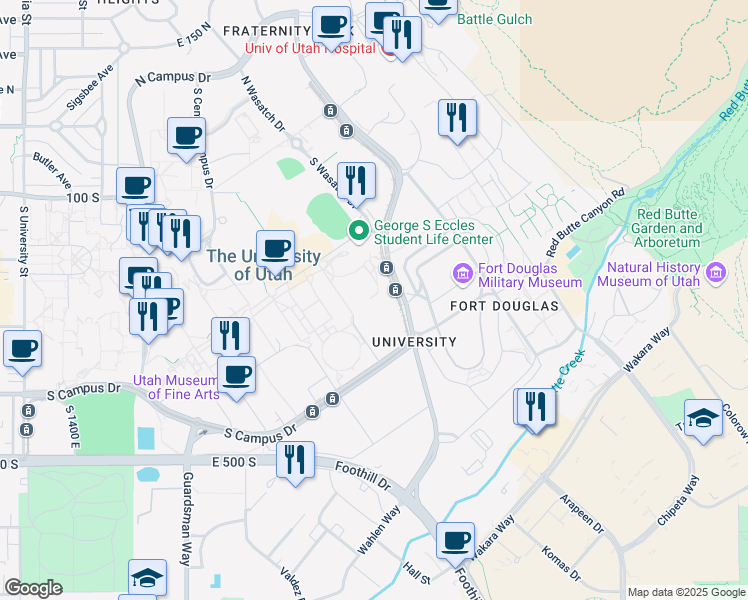 map of restaurants, bars, coffee shops, grocery stores, and more near 265 1850 East in Salt Lake City