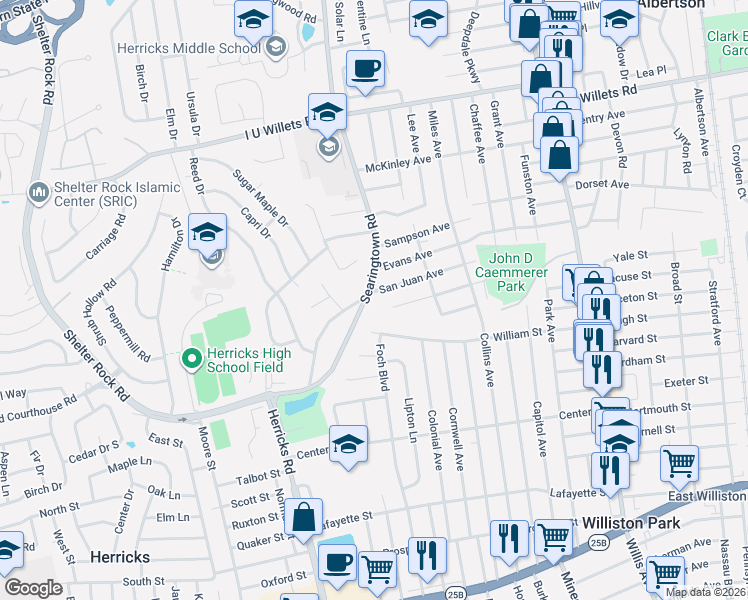 map of restaurants, bars, coffee shops, grocery stores, and more near 183 San Juan Avenue in Albertson