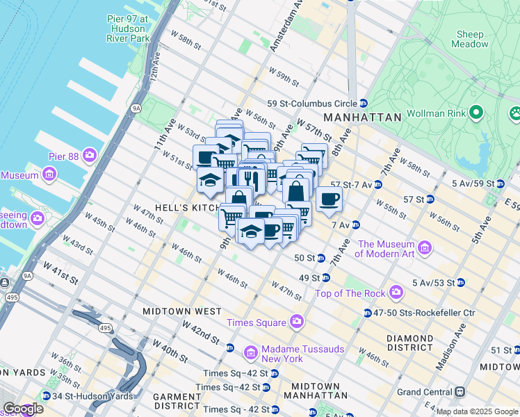 map of restaurants, bars, coffee shops, grocery stores, and more near 360 West 52nd Street in New York