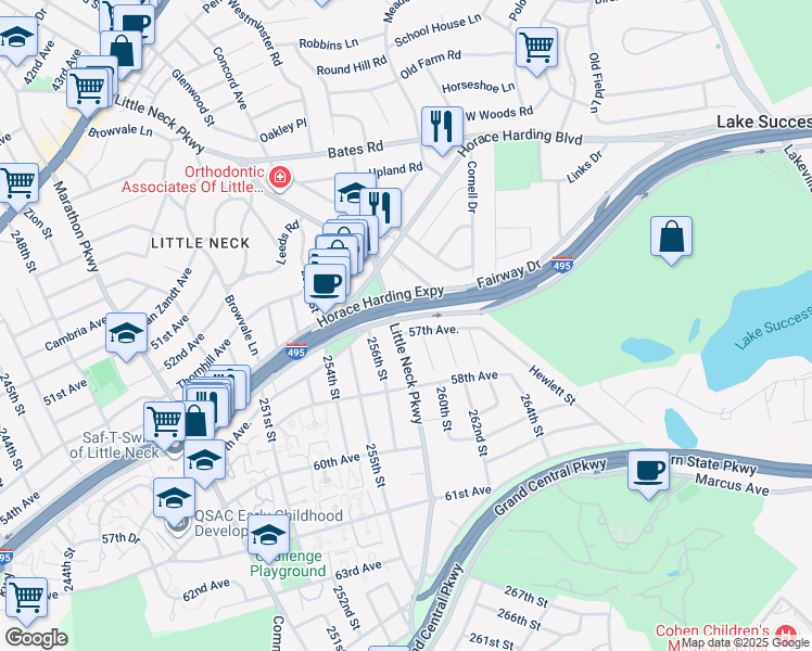 map of restaurants, bars, coffee shops, grocery stores, and more near 259-07 57th Avenue in Queens