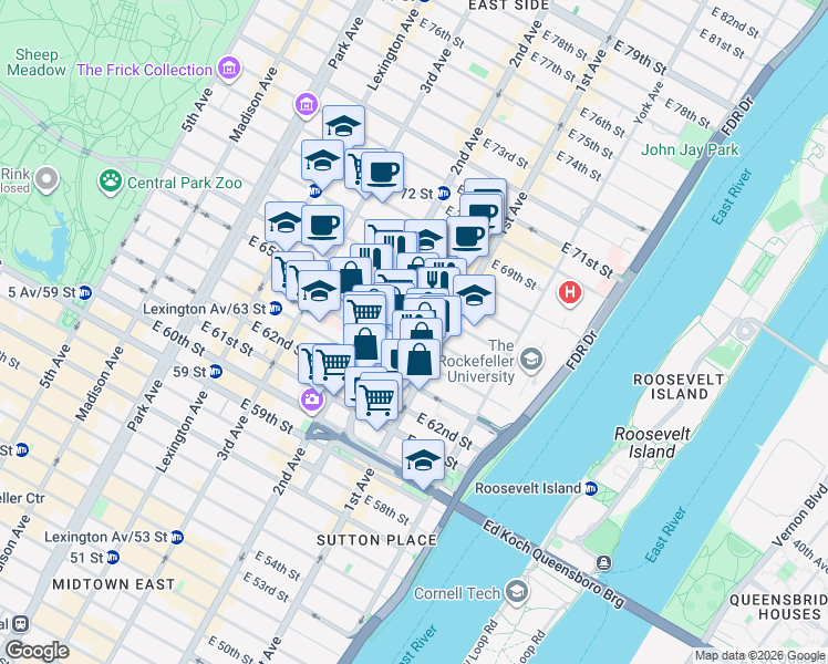 map of restaurants, bars, coffee shops, grocery stores, and more near 327 East 65th Street in New York