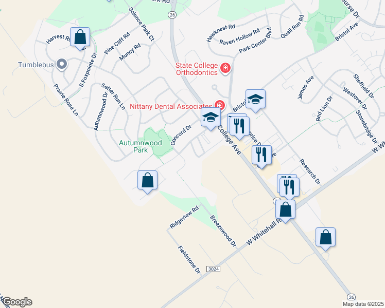 map of restaurants, bars, coffee shops, grocery stores, and more near 114 Gala Drive in State College