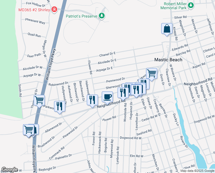map of restaurants, bars, coffee shops, grocery stores, and more near 58 Pennwood Drive in Mastic Beach