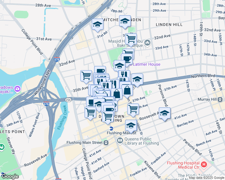 map of restaurants, bars, coffee shops, grocery stores, and more near 137-35 Northern Boulevard in Queens