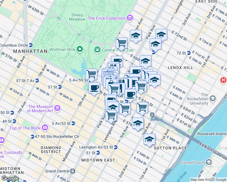 map of restaurants, bars, coffee shops, grocery stores, and more near 518 Park Avenue in New York