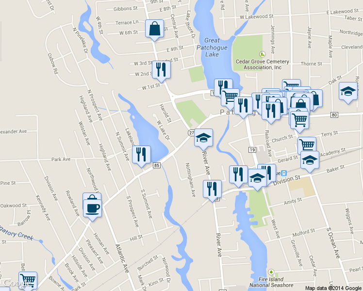 map of restaurants, bars, coffee shops, grocery stores, and more near 304 West Main Street in Patchogue