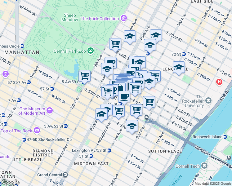 map of restaurants, bars, coffee shops, grocery stores, and more near 115 East 61st Street in New York