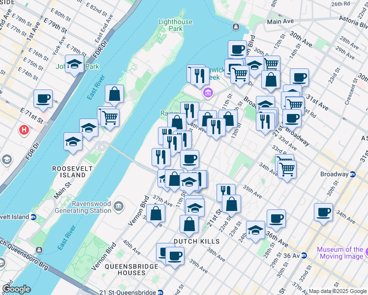 map of restaurants, bars, coffee shops, grocery stores, and more near 34-36 10th Street in Queens