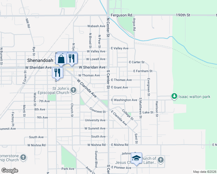 map of restaurants, bars, coffee shops, grocery stores, and more near 101 East Grant Avenue in Shenandoah