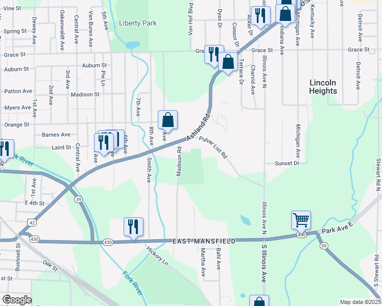 map of restaurants, bars, coffee shops, grocery stores, and more near 690 Ashland Road in Mansfield