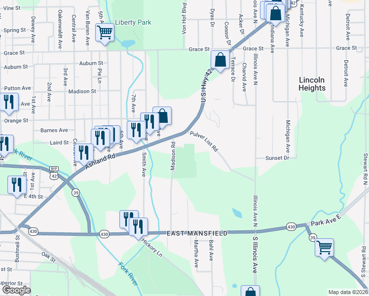 map of restaurants, bars, coffee shops, grocery stores, and more near 132 Madison Road in Mansfield
