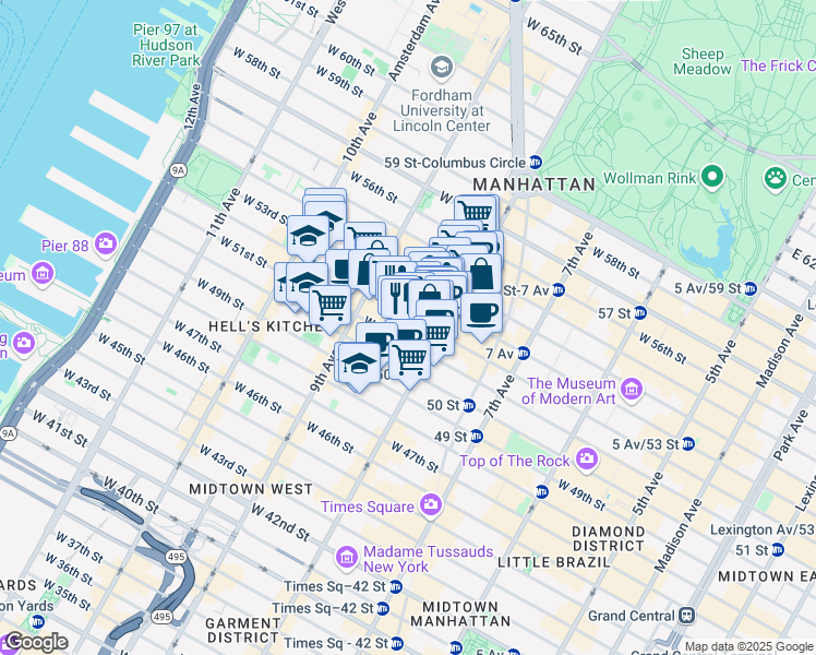 map of restaurants, bars, coffee shops, grocery stores, and more near 322 West 52nd Street in New York