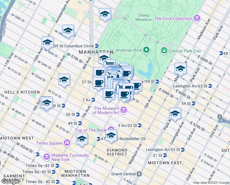 map of restaurants, bars, coffee shops, grocery stores, and more near 125 West 55th Street in New York