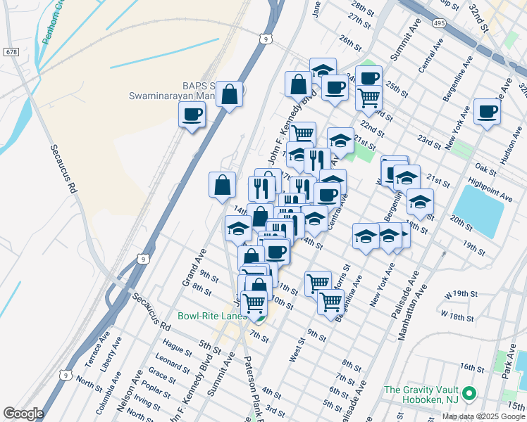 map of restaurants, bars, coffee shops, grocery stores, and more near 1445 John F. Kennedy Boulevard in North Bergen