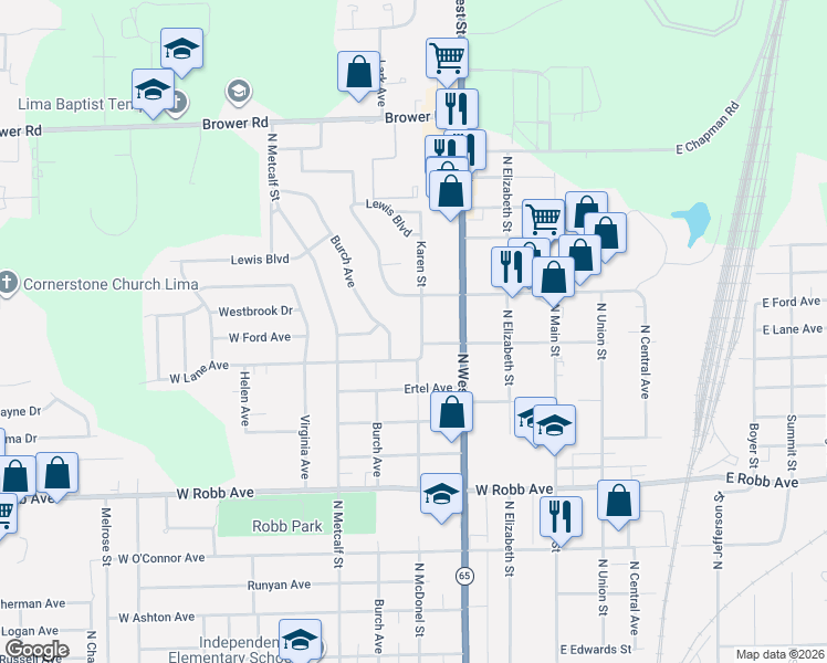 map of restaurants, bars, coffee shops, grocery stores, and more near 1816 Burch Avenue in Lima
