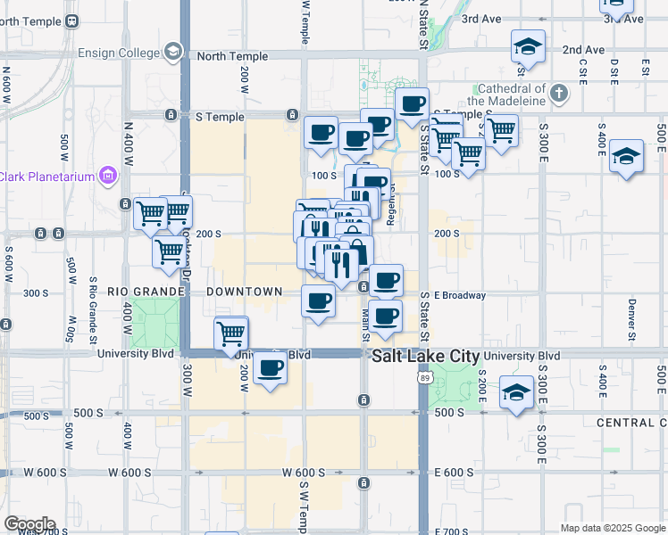 map of restaurants, bars, coffee shops, grocery stores, and more near 48 West 300 South in Salt Lake City
