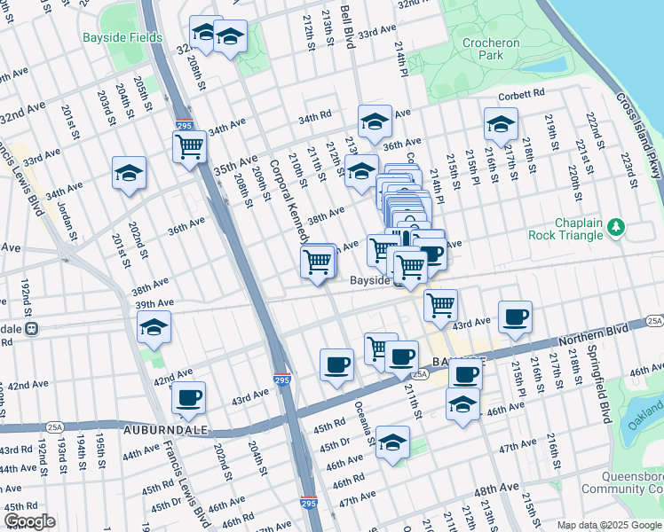 map of restaurants, bars, coffee shops, grocery stores, and more near 39-14 210th Street in Queens