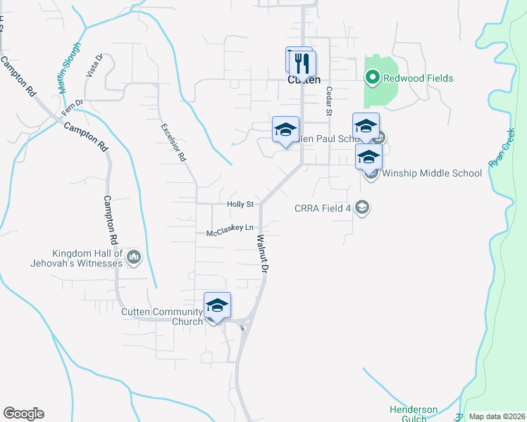 map of restaurants, bars, coffee shops, grocery stores, and more near 4365 Walnut Drive in Eureka