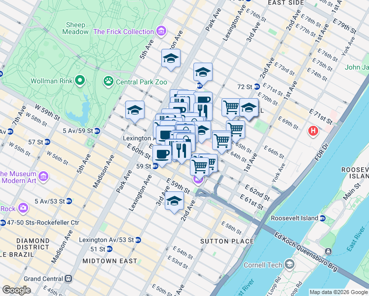 map of restaurants, bars, coffee shops, grocery stores, and more near in New York